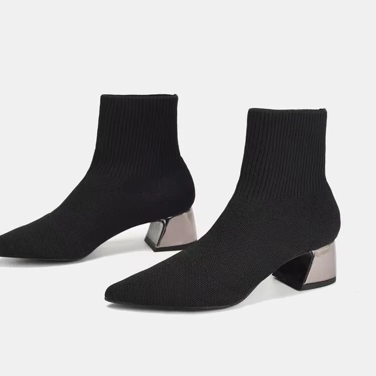 Есенно-зимни дамски възли ластични чорапи, ботуши с остри пръсти, ботуши на масивна токчета, черни модерен ботильоны 