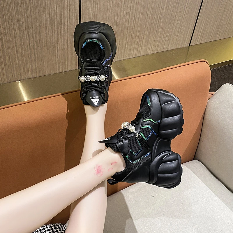 LazySeal/ Дамски Маратонки На танкетке с масивен ток, Обувки, Увеличаване на растежа на 2,5 см, Дишащи Дамски Обувки от окото на материала, Пешеходната обувки с перли дантела