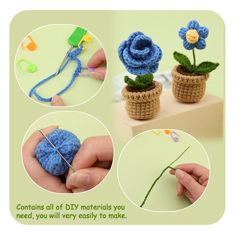 Комплект за плетене на една кука САМ Blue Flower Комплект за плетене на една кука с пряжей за плетене спици, Плюшен кукла Easy (6 В 1)