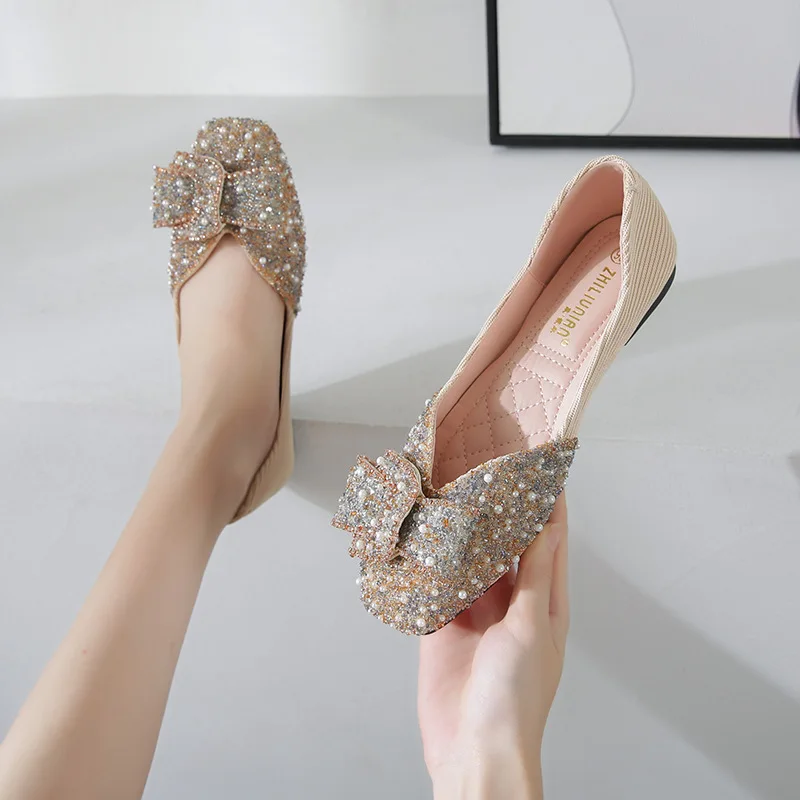 Луксозни дамски обувки с плоска подметка с кристали, сватбени обувки с квадратни пръсти, ежедневни дамски обувки за парти, Zapatos Mujer, големи размери