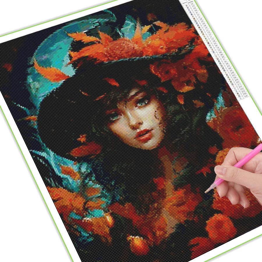 Диамантена живопис, Шапка на Вещица, цвете, Направи си сам, Пълна Мозайка, Изкуството на кръстат бод, Бродерия кристали, Картината на Хелоуин, боядисани стени AA4926