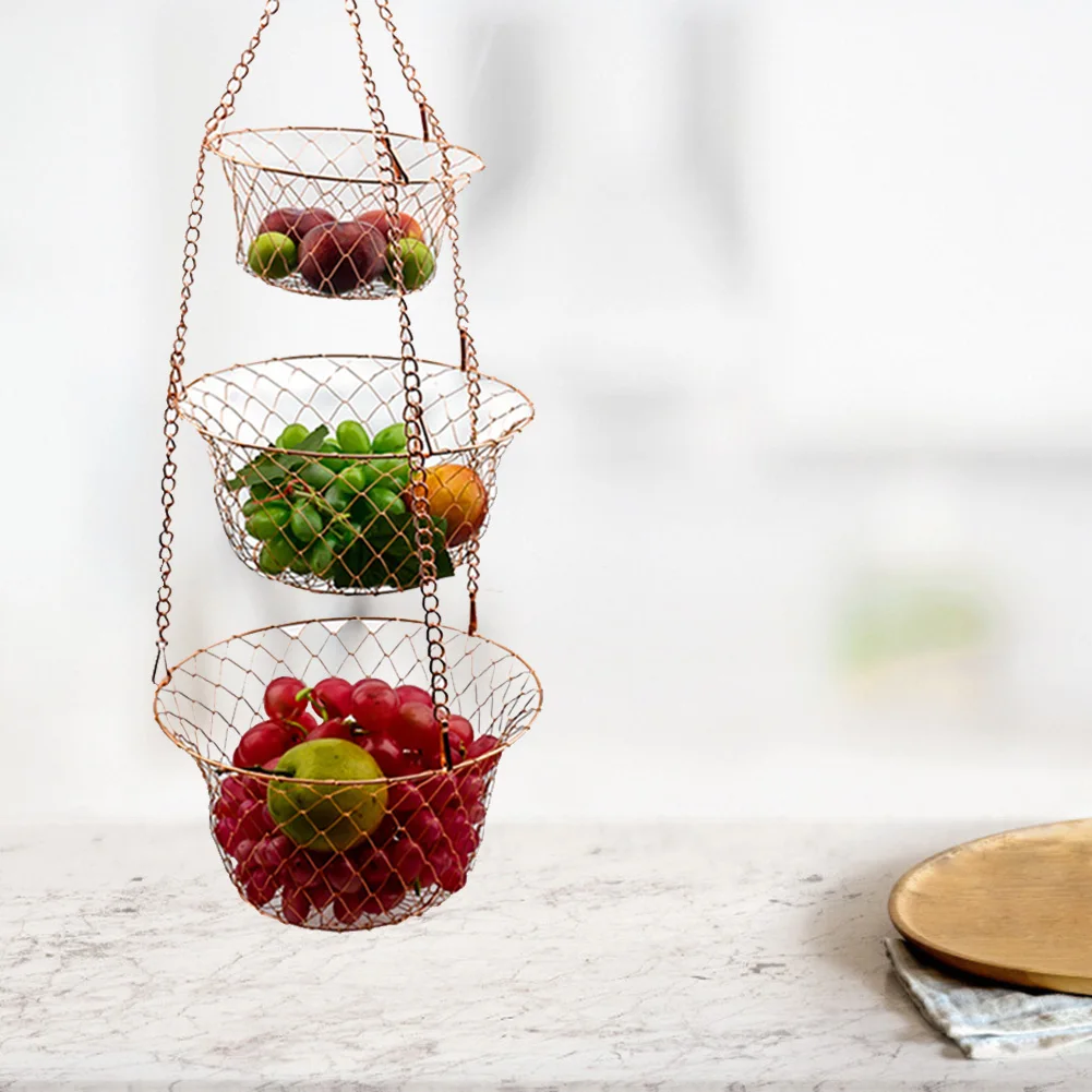 3-Ярусная кухненски подвесная кошница за плодове, дизайн куката за сгъване на кошчето от сребристо-златна тел, спестяващ място с кухненски рафтове за съхранение на зеленчуци