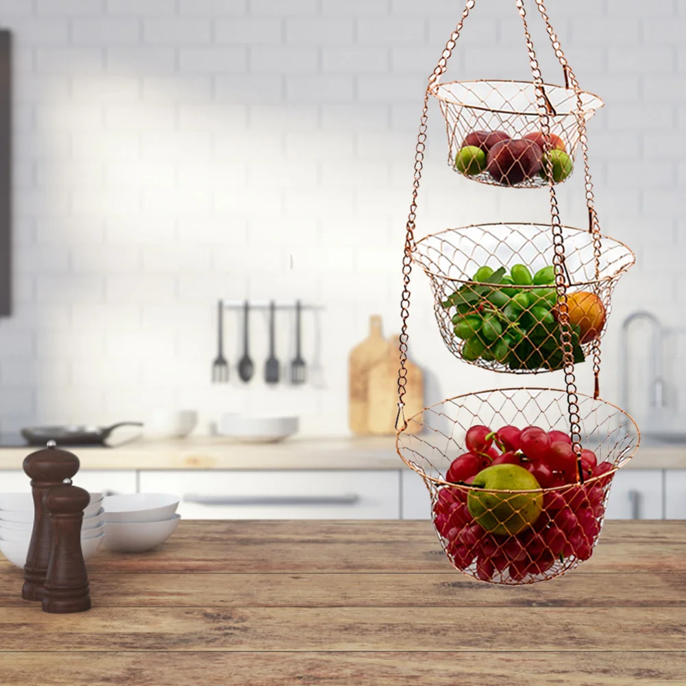 3-Ярусная кухненски подвесная кошница за плодове, дизайн куката за сгъване на кошчето от сребристо-златна тел, спестяващ място с кухненски рафтове за съхранение на зеленчуци