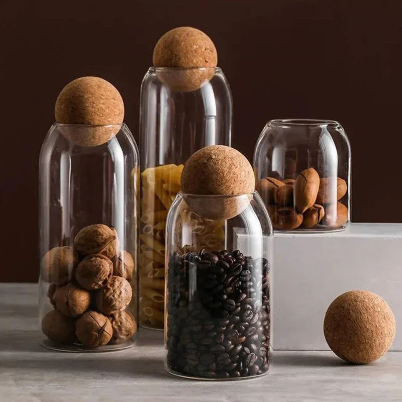 Висококачествен стъклен буркан с пробковым топка, прозрачна стъклена банка за съхранение на хранителни продукти, зърнени храни, чай, шоколадови бонбони, Стъклени буркани и капачки