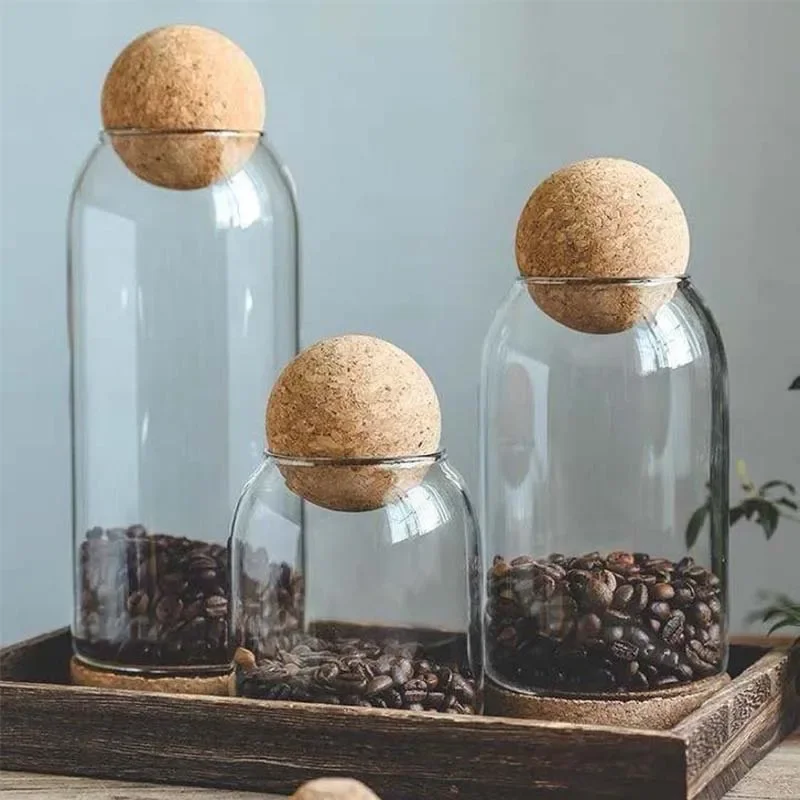 Висококачествен стъклен буркан с пробковым топка, прозрачна стъклена банка за съхранение на хранителни продукти, зърнени храни, чай, шоколадови бонбони, Стъклени буркани и капачки