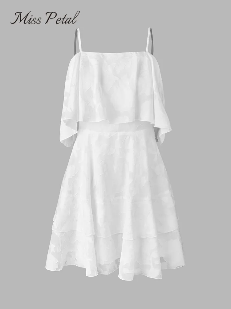 Секси мини рокля с волани от бял жакард в цветенце, сексуална бретельки на спагети презрамки, официални тоалети, трапецовидна форма, без ръкави, Лятно женствена рокля 2023 година.
