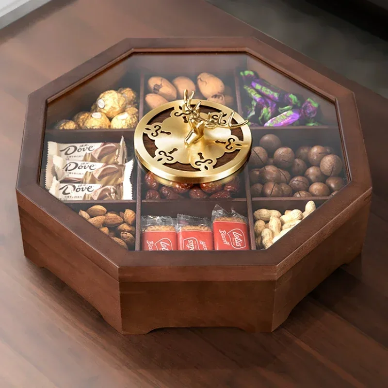 Китайска кутия шоколадови бонбони от масивна дървесина, чиния за закуски с ядки и плодове, масичка за кафе в хола, домакински лукс, суха