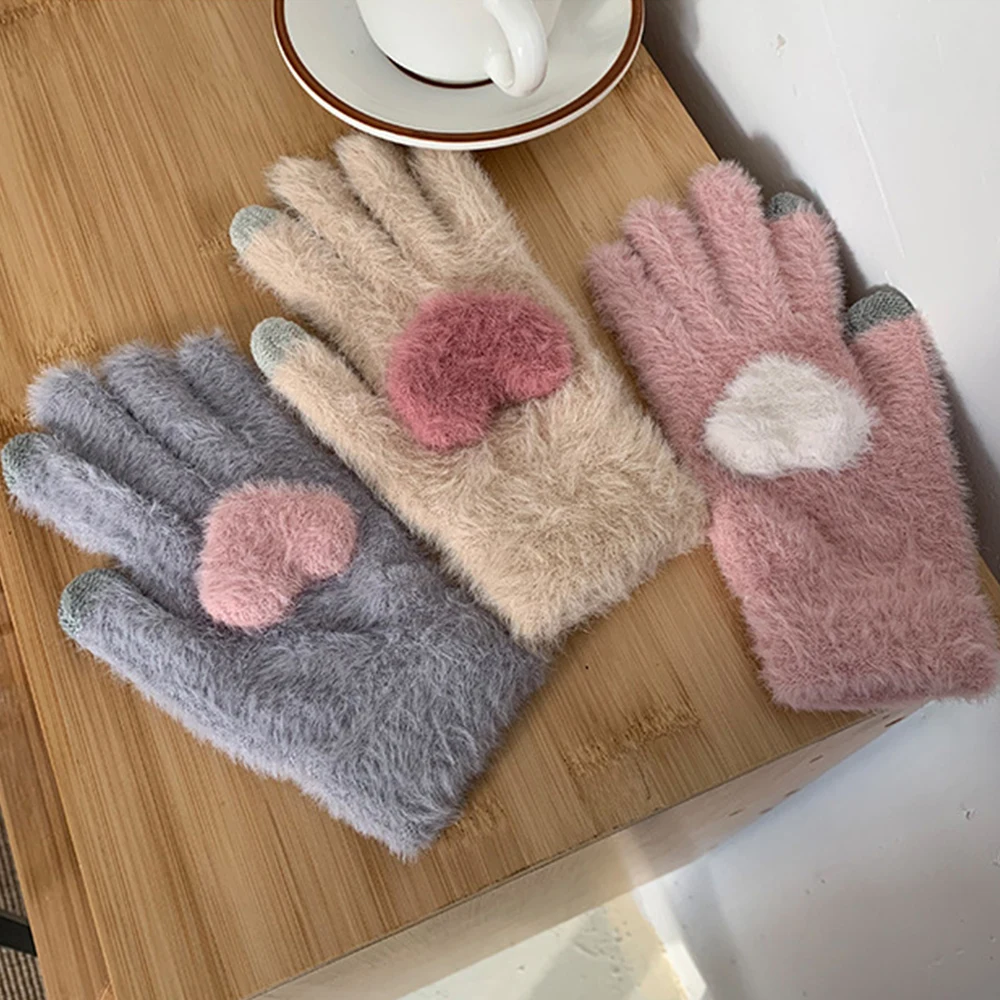 Дамски Плюшени ръкавици, имитация на Кашмир, Ръкавици с пет пръста, топли флисовые с Кадифени Ръкавици без пръсти със сърце, ръкавици за активен отдих, велосипедни ръкавици