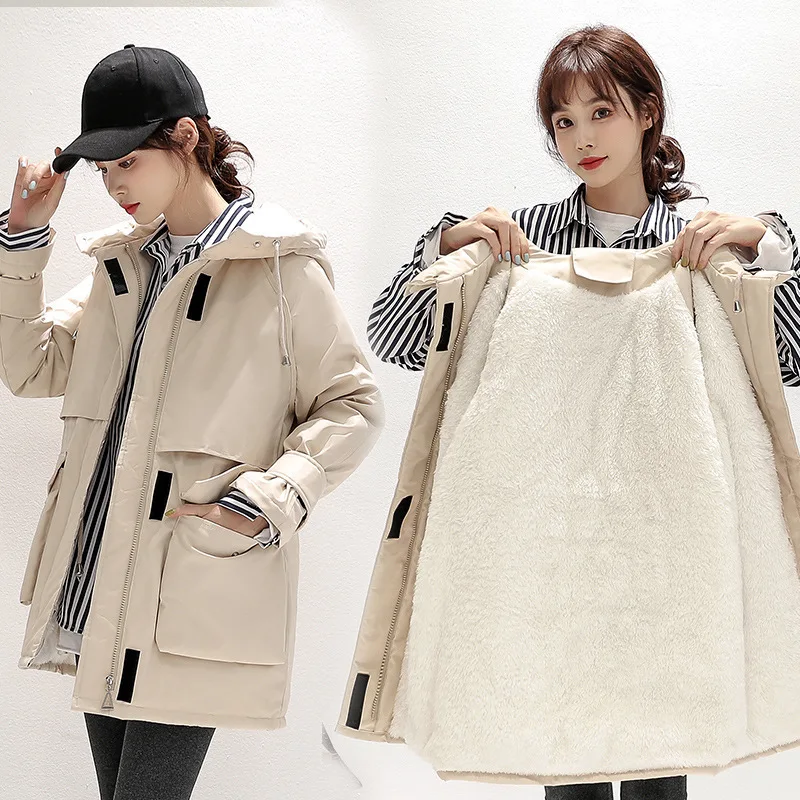 Дамски зимни свободни якета в корейски стил, изолирана кадифе, топли ватирани якета, паркове средна дължина, Памучни палто, стеганая яке с качулка