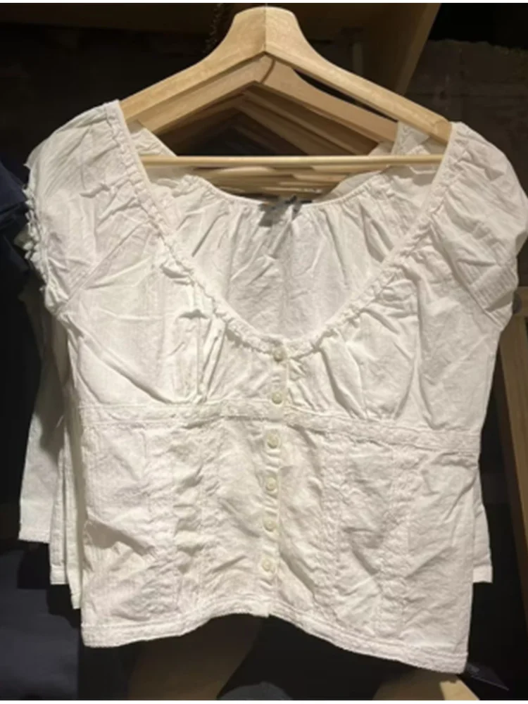 Ежедневни дамски модни тениски от мек памук с бели копчета отпред 2023 Лятна Реколта дамски блузи с флорални на ръба и къси ръкави Mujer