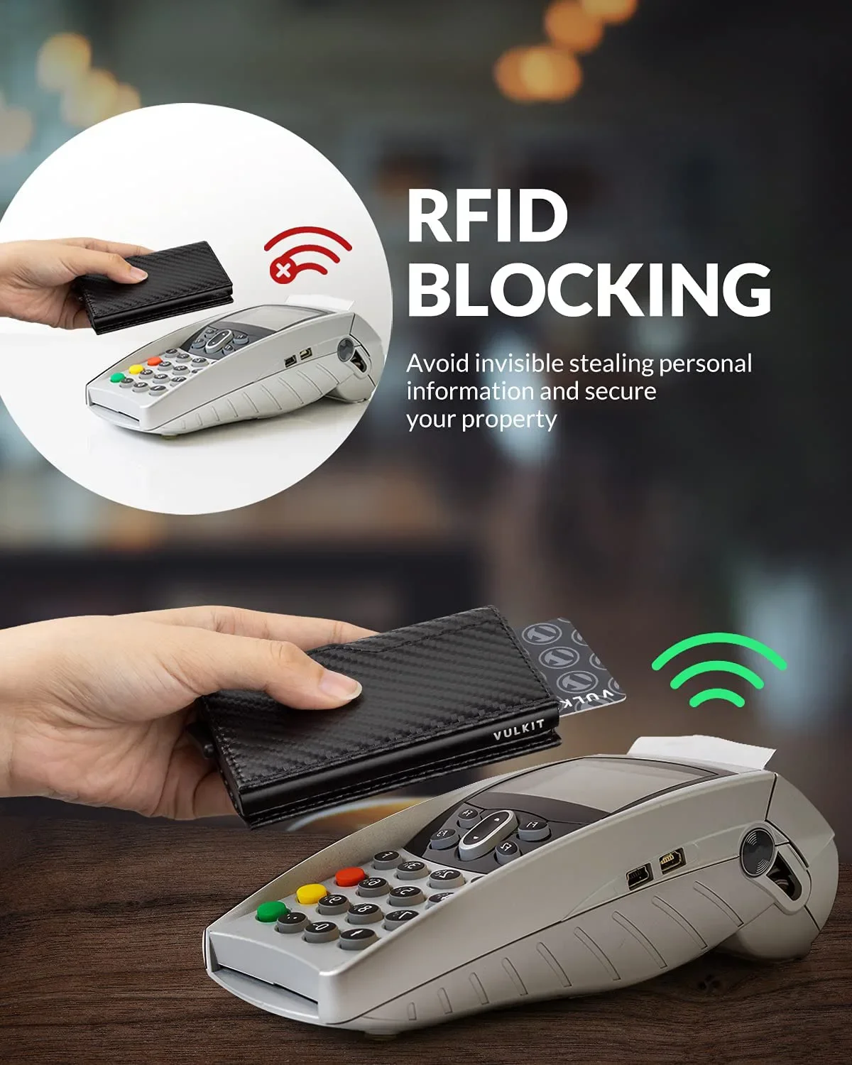 Притежател на кредитна карта с двоен прозорец за самоличност, кожен портфейл-калъф с RFID заключване, автоматично поп портфейл за карти и бележки