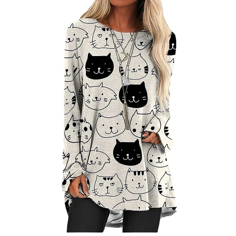 2023 Нова дамски hoody с кръгло деколте и шарките на котката от карикатура, ежедневни дамски дрехи почивен ден с дълъг ръкав и кръгло деколте, незаменим модни дрехи за жени