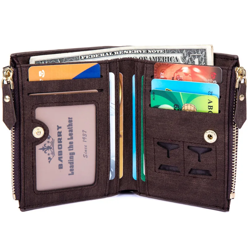 Мъжки портфейл със защита от радиочестотна идентификация, ретро обикновен мек портфейл за монети от изкуствена кожа, държач за карти, кратки портмоне с цип, дизайнерски къса луксозни мъжки портфейли
