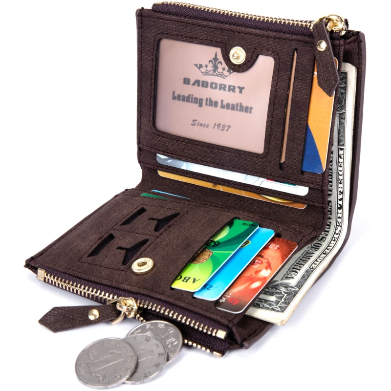 Мъжки портфейл със защита от радиочестотна идентификация, ретро обикновен мек портфейл за монети от изкуствена кожа, държач за карти, кратки портмоне с цип, дизайнерски къса луксозни мъжки портфейли