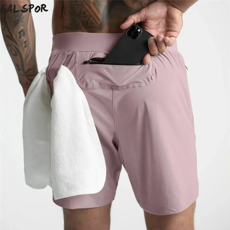 Мъжки спортни къси панталони SALSPOR за фитнес, бързо съхнещи панталони за джогинг с много джобове, еластична дишаща облекло за занимания във фитнес залата, за бягане