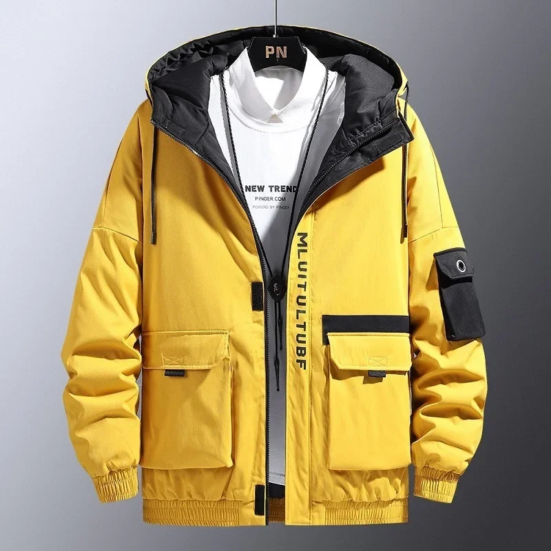 Мъжко яке-карго с дълги ръкави, windbreakers в стил харадзюку, градинска облекло в стил хип-хоп с качулка, палто с цип с големи джобове