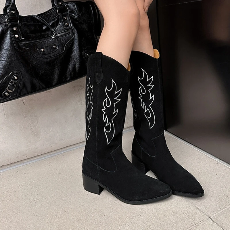 Есенни дамски обувки от волска кожа, велур, дамски обувки в западен стил с квадратни пръсти на масивна обувки, дълги ботуши в стил ретро, дамски ботуши до коляното