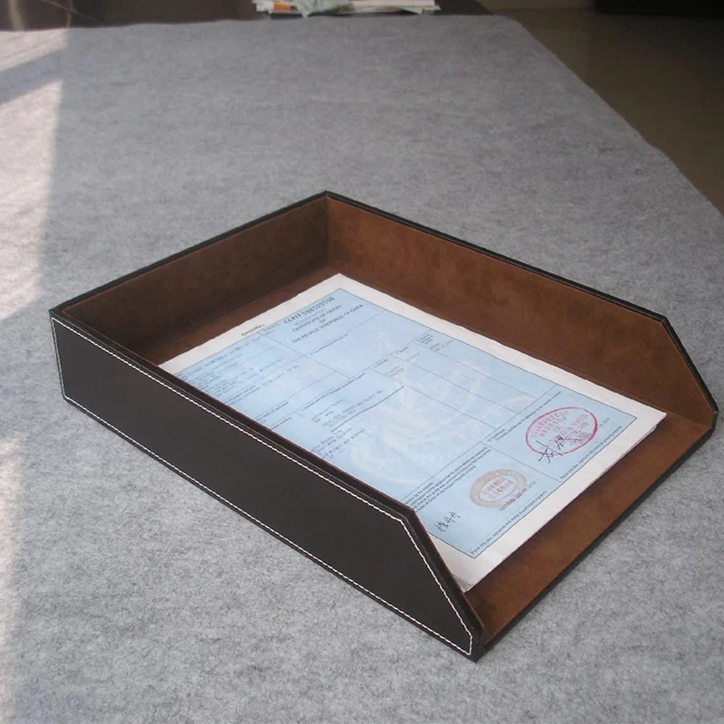 2X Коллекционный тава за писма от изкуствена кожа, органайзер за документи, Штабелируемый притежателя на тавата за офис файлове и документи (кафяв)