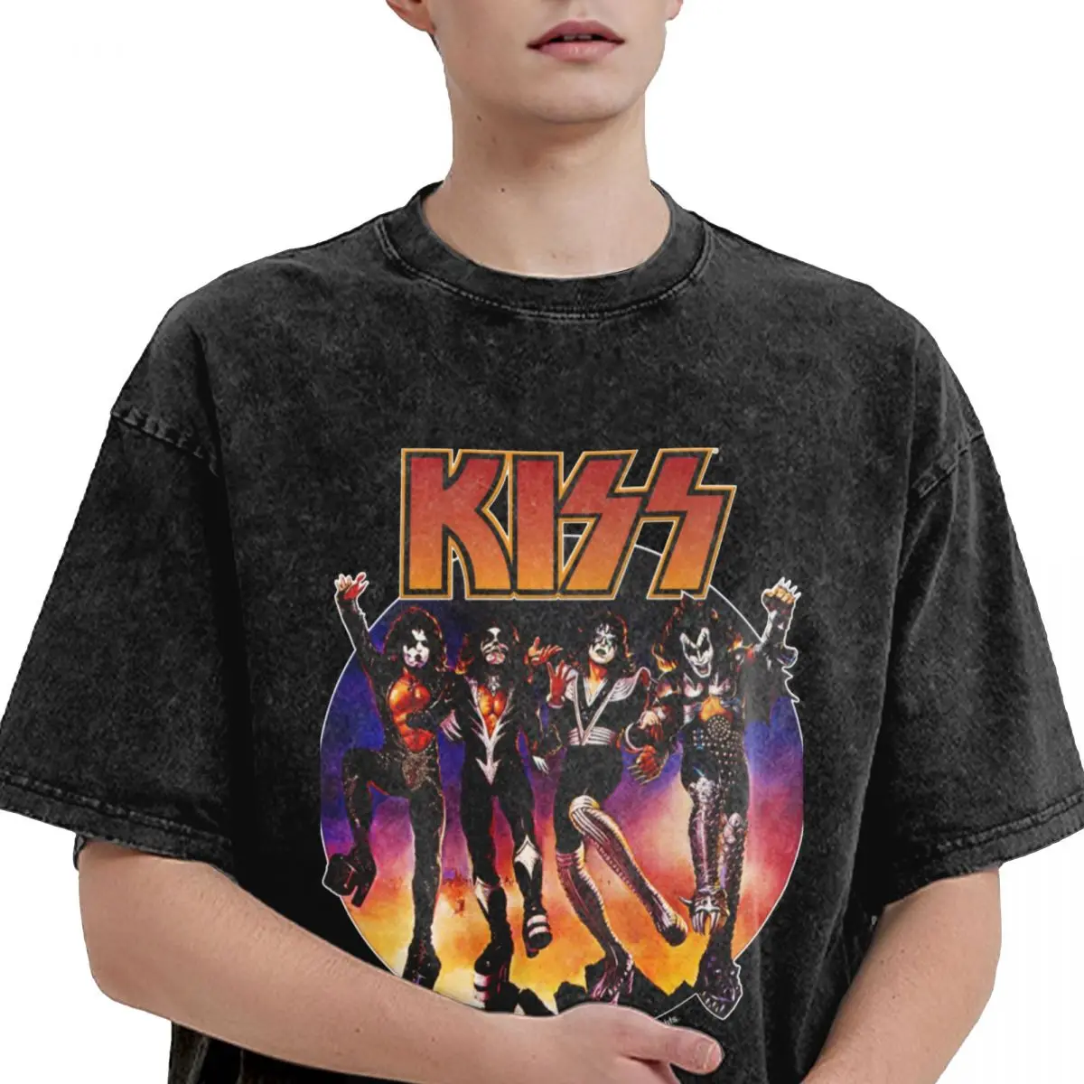 Групата Kiss Промытая Мъжка Тениска Рок-Н-Ролльная Реколта Ежедневни Тениска Лятото Дишащи Модни Тениски По Поръчка Плюс Размера На Върховете
