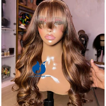 Аметист обемна вълна Blond с подсветка, напълно перука, изработени от човешка коса с бретон, Бразилски бесклеевой перука за жени Реми Hair