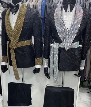 Атрактивни мъжки костюми по поръчка, 2 броя, лъскави дрехи, дизайнерски сако, колан, шал, джобове с ревери, панталони големи размери, направен по поръчка
