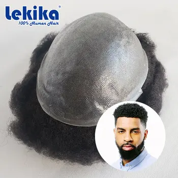 Афро-извратени мъжка перука Systems, перука от изкуствена кожа, която замества на 100% естествени коси, къдрава перуки за черни мъже