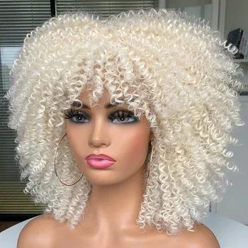 Афро-извратени синтетични перука с бретон за черни африкански жени, блондинки, огнеупорни, кратък афро-перука