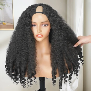 Афро Къдрава перука, с V-образна част, синтетичен директен къдрава перука с къдрава двата края, пухкави еластична коса, за жени, заплетенные в плитка, черна коса