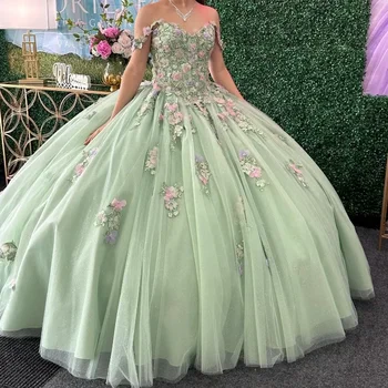 Бална рокля цвят, градински чай, пищни рокля с тънки спагети презрамки, дълга апликации на цветя, дантели, Сладка рокля 15-16 години от 15 XV Anos