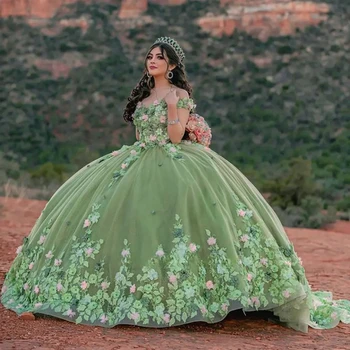 Буйни рокли Принцеса с цвят на Зелен градински чай, Бална Рокля С Открити Рамене, Апликации, Сладки 16 Рокли 15 Años, Мексикански