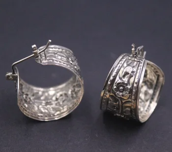 Вече твърдо пръстен от сребро 925 проба за мъже и жени, Големи обеци с резным цвете в стил ретро