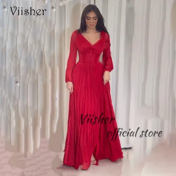 Вечерни рокли Viisher Red Русалка С дълъг ръкав и V-образно деколте, Дубай, Саудитска Арабия, Вечерна рокля за абитуриентски бал с Дължина до пода, вечерна рокля с цепка
