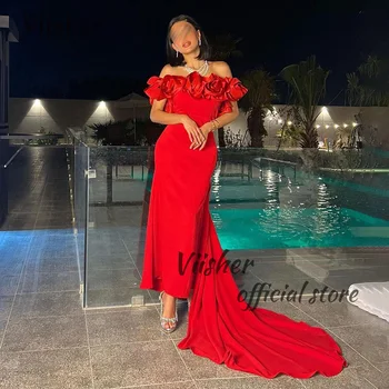 Вечерни рокли Viisher Red Русалка с открити рамене, от Арабски сватбена рокля за гостите от Дубай с влак, вечерни рокли за бала