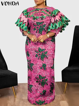 Винтажное Женски есента рокля VONDA 2024 с къс ръкав и принтом, Елегантна вечерна рокля в бохемски стил, Дълги Макси-сарафан Robe Femme