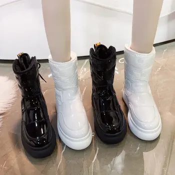 Водоустойчиви Топли ботильоны Дамски Зимни обувки на платформа Botas Mujer от изкуствена кожа Дамски обувки с дебел плюшем 2023 година на издаване, Новост в бял цвят