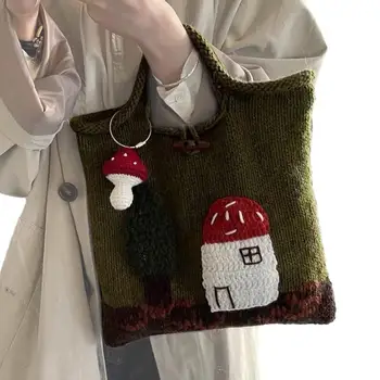 Вязаная плетене на една кука за чанта-тоут, дизайн гъби къща, вязаная ръчна чанта в стил ретро, модерни ежедневни чанти за жени, дамски