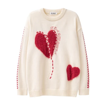 Вязаный пуловер Love Split, мъжки пуловери оверсайз, модни лоскутные пуловери Есен-зима 2023, Трикотаж с бродерия с конци, дамски трикотаж
