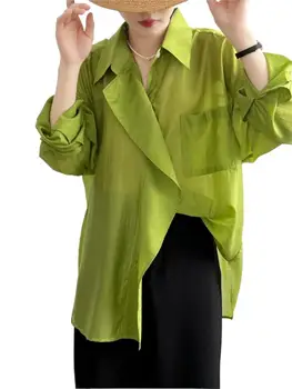 Годишна жена однотонная риза от вискоза с дълъг ръкав в плажен стил, ежедневни тънка дишащи дрехи за защита от слънцето, палто с широка периферия и ревери