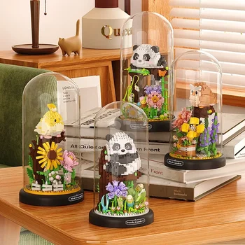 Градивни елементи за цветята в градината с пандой, модел Сови, домашни любимци Kawaii, събрана птица, 3D Пластмасови кубчета-пъзел, на играчка за подаръци с дисплей