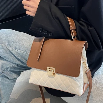 Дамска чанта с голям капацитет, контрастная чанта през рамо с капак от изкуствена кожа, дамски ежедневни чанта за пътуване до работа, дамски чанти-незабавни посланици