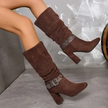 Дамски велурени ботуши до коляното, женски обикновена високи ботуши с остри пръсти, римска обувки на високи токчета в стил ретро, дамски есен-зима дълги ботуши 2024 година на издаване