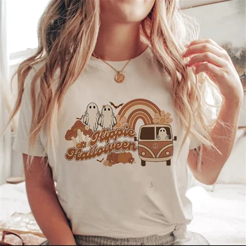 Дамски забавна тениска на Хелоуин, Нова тенденция за почивка, сладка тениска с принтом на 90-те години, като основната бяла тениска с кръгло деколте, топ, тениска с къс ръкав и шарките.