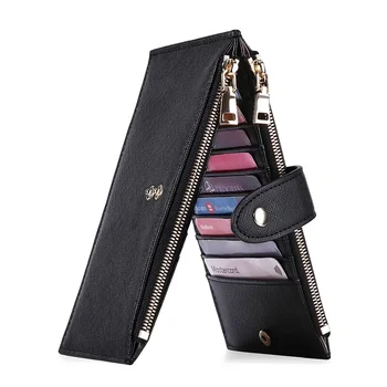Дамски многофункционална чанта за карти, RFID-анти-кражба четка, двупосочен сгъваем портфейл от изкуствена кожа с кръстосан дизайн и джоб с цип