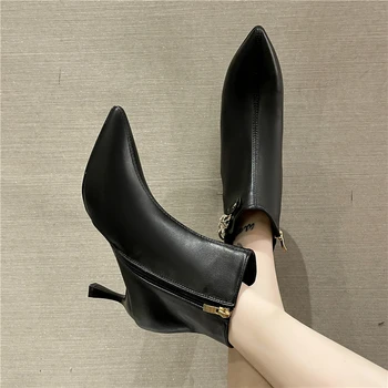Дамски обувки 2023, висококачествени дамски ботуши с цип, модерни метални орнаменти за офис и кариера, чубрица ботильоны с остри пръсти, Zapatos