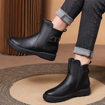 Дамски обувки 2023, висококачествени дамски ботуши с цип, зимни обикновена памучни топли и удобни ботуши на нисък ток с кръгло бомбе, модни обувки на нисък ток