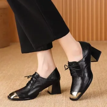 Дамски обувки-oxfords, Нови дамски кожени обувки с дантела, черни мрежести обувки на висок ток със злато пръсти, есен-зима 1538N.