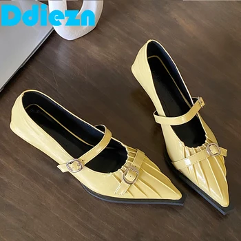 Дамски обувки-лодка-пързалки, новост 2024 г., жълт ежедневни обувки, дамски модни дамски обувки с остър пръсти за ниска пета