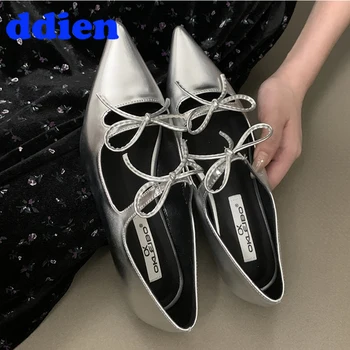 Дамски обувки на равна подметка, Елегантни дамски обувки с бантиком-пеперуда, модни сандали с плитка подметка, новост 2024 година, ежедневни дамски обувки с остър пръсти Mary Janes