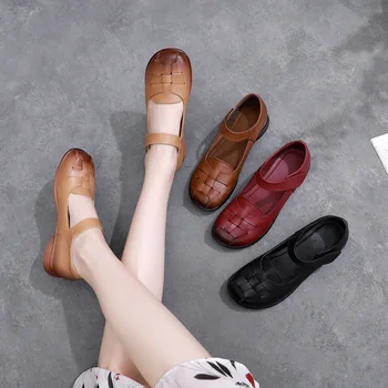 Дамски обувки ръчна изработка RUSHIMAN от естествена кожа върху плоска подметка, модни лоферы, дамски ежедневни обувки, дамски обувки на плоска подметка, големи размери 35-43