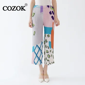 Дамски панталон с плиссированным принтом във формата на риба везни COZOK, нови универсални панталони с прав штанинами, ежедневни модни панталони с висока еластичност, дамски панталони WT608